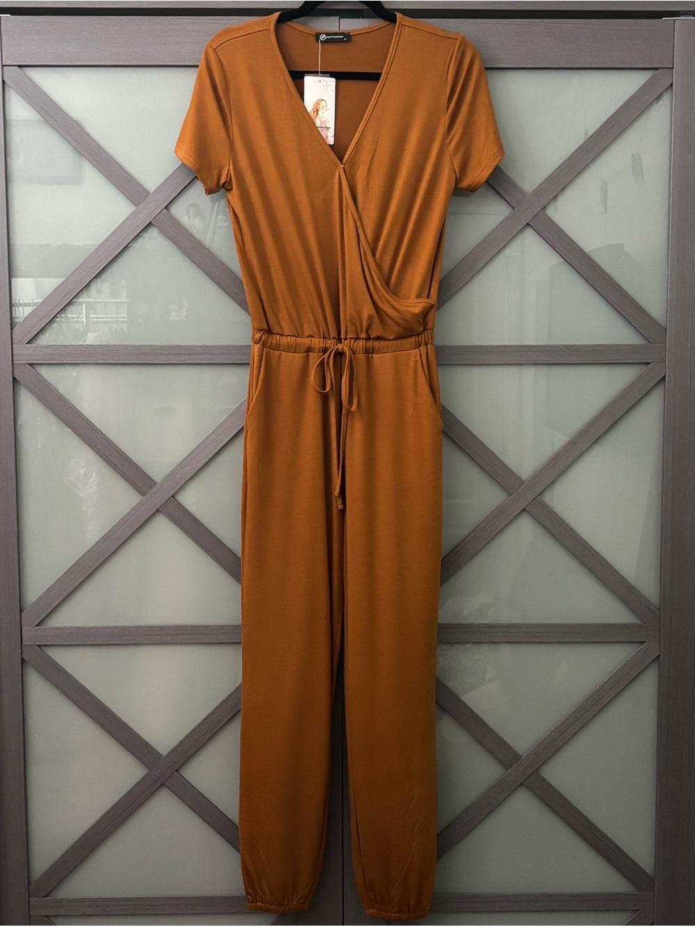 NEW Pretty Garden Rust Brown Faux-Wrap Short-Sleeve Jumpsuit with Tie Waist